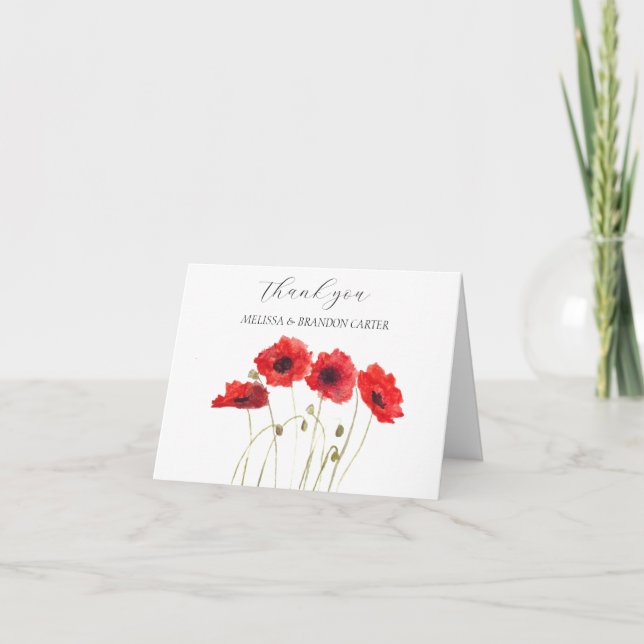 Red Poppies Poppy Floral Wedding Thank you  Card (Front)