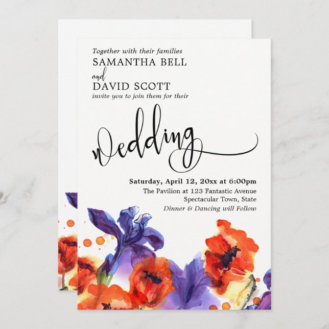 Red Poppies, Purple Iris Watercolor Modern Wedding Invitation (Front/Back)