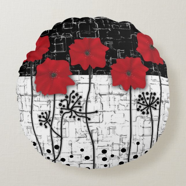 Red poppies round cushion (Front)