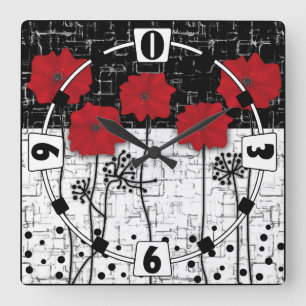Red poppies square wall clock