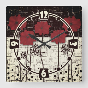 Red poppies square wall clock