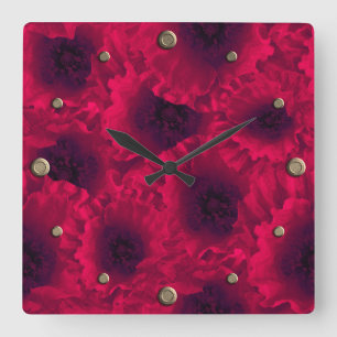 Red poppies square wall clock