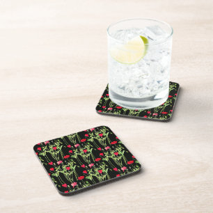 Red poppies summer meadow, wild flowers coaster