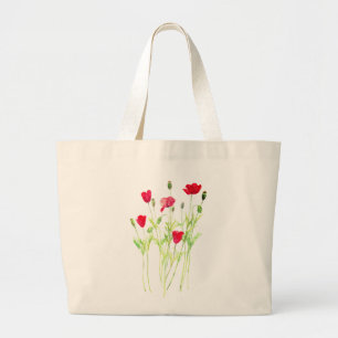 Red poppies summer meadow, wild flowers large tote bag