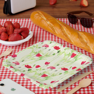 Red poppies summer meadow, wild flowers paper plate
