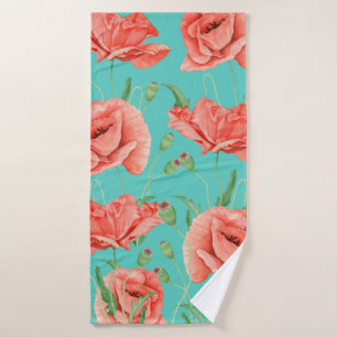 Red Poppies Teal Watercolor Chic Bath Towel Set