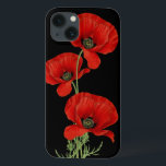Red Poppies Vintage Botanical iPhone 13 Case<br><div class="desc">A trio of red poppies adapted from a vintage botanical illustration over a contrasting black background.</div>