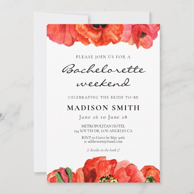 Red poppies watercolor Bachelorette weekend Invitation (Front)