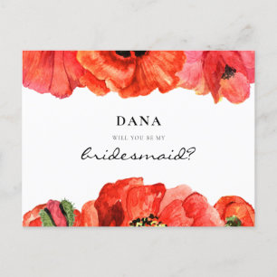 Red poppies watercolor Bridesmaid proposal Postcard