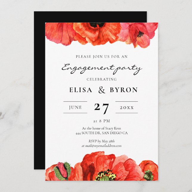 Red poppies watercolor engagement party invitation (Front/Back)
