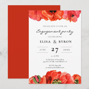 Red poppies watercolor engagement party invitation