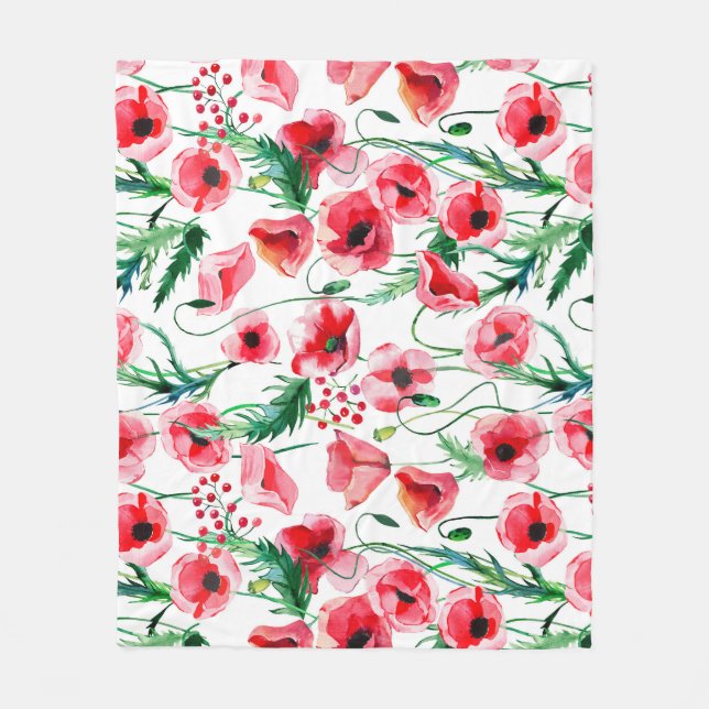Red poppies: watercolor floral illustration fleece blanket (Front)