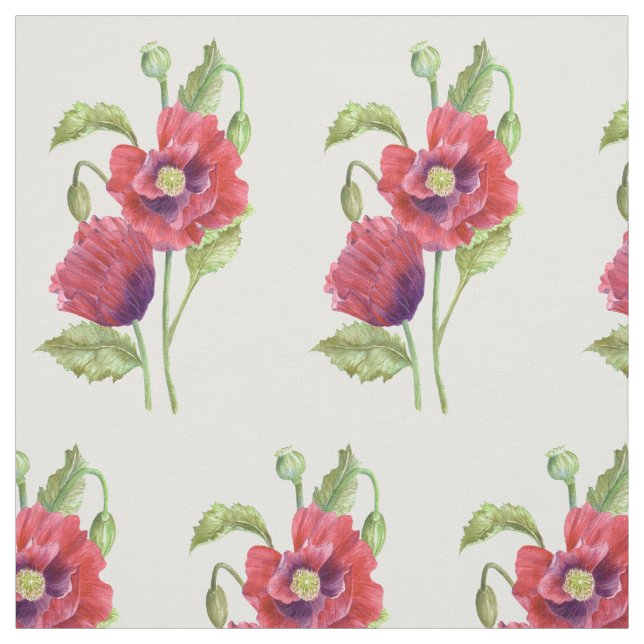 Red Poppies Watercolor Floral Illustration Pattern Fabric (Swatch)