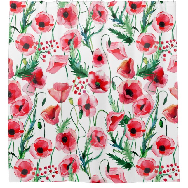 Red poppies: watercolor floral illustration shower curtain (Front)