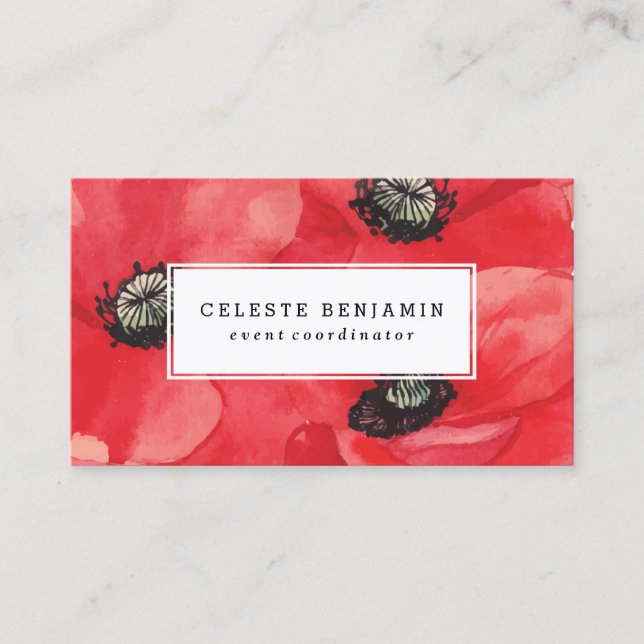 Red Poppies | Watercolor Flowers Business Card (Front)
