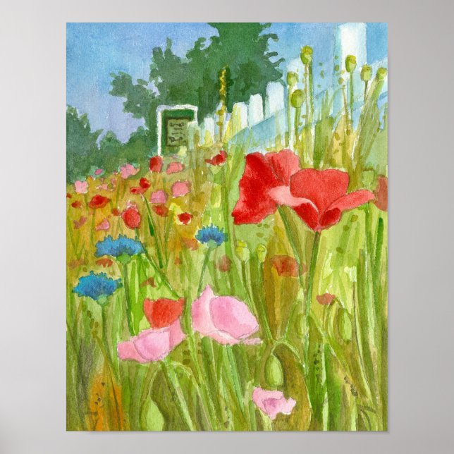 Red Poppies Watercolor Flowers Picket Fence Poster (Front)