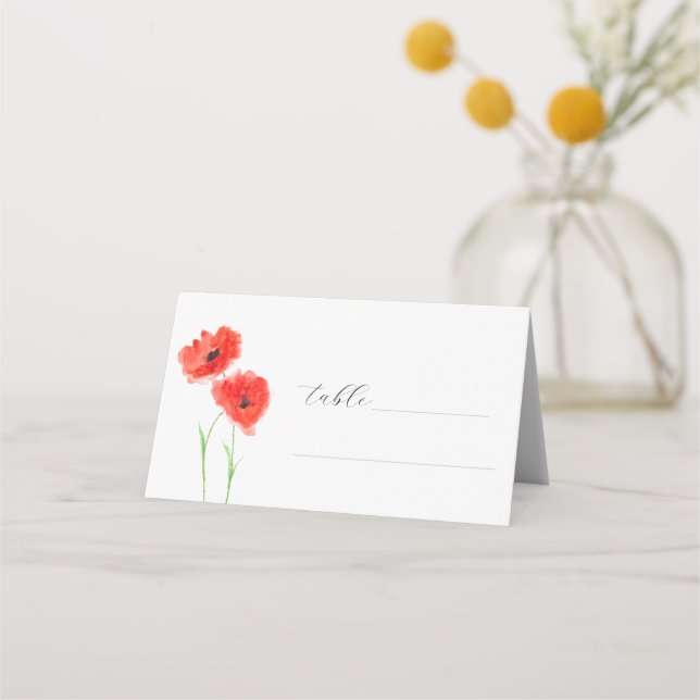 Red Poppies Watercolor Poppy Floral Wedding Place Card (Front)