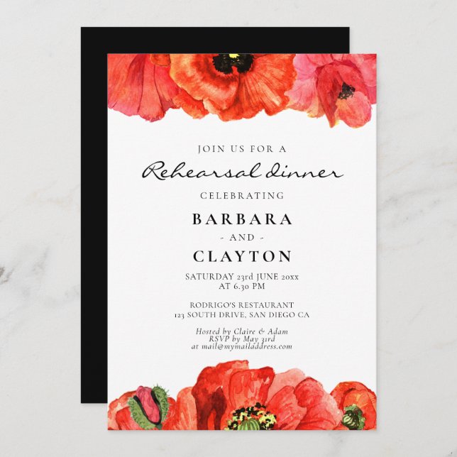 Red poppies watercolor rehearsal dinner invitation (Front/Back)