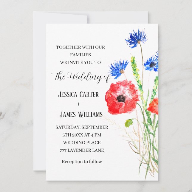 Red Poppies Watercolor Rustic Elegant Wedding Invitation (Front)