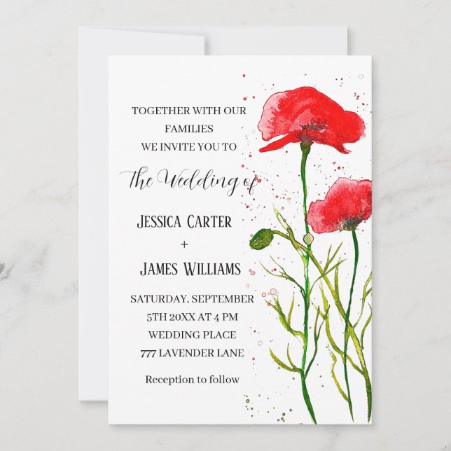 Red Poppies Watercolor Rustic Elegant Wedding Invitation (Front)