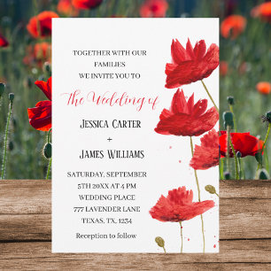 Red Poppies Watercolor Rustic Elegant Wedding Invitation