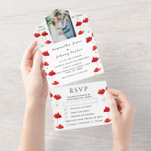 Red Poppies Watercolor Script Elegant Wedding All In One Invitation