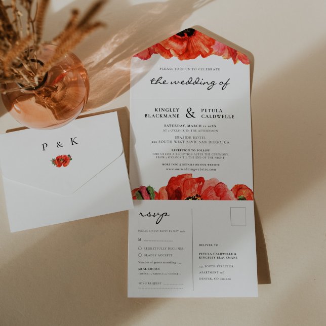 Red poppies watercolor wedding all in one invitation (Red poppies watercolor wedding all in one invitation)