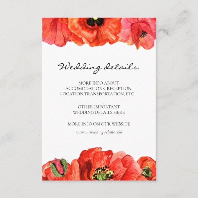 Red poppies watercolor wedding details card (Front)