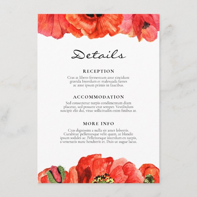 Red poppies watercolor wedding guest information enclosure card (Front)