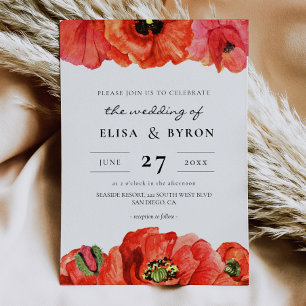 Red poppies watercolor wedding invitation
