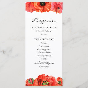 Red poppies watercolor wedding programme
