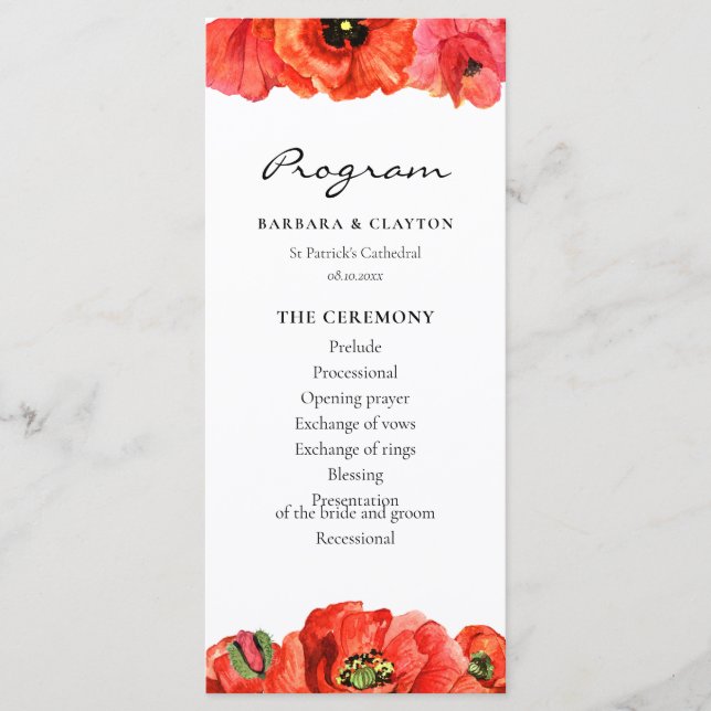 Red poppies watercolor wedding programme (Front)