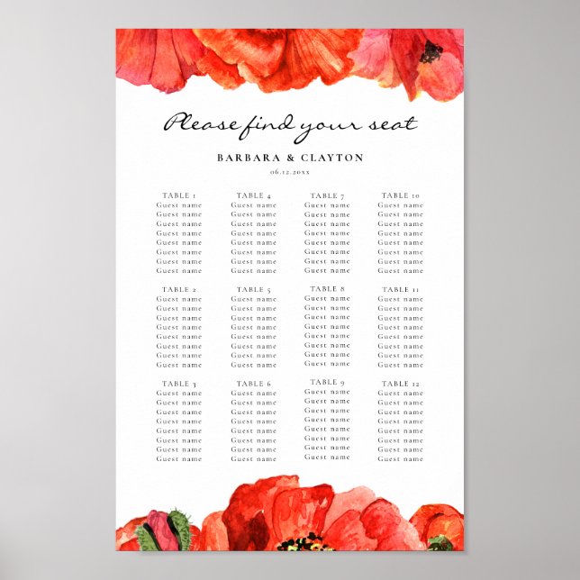 Red poppies watercolor wedding seating chart (Front)