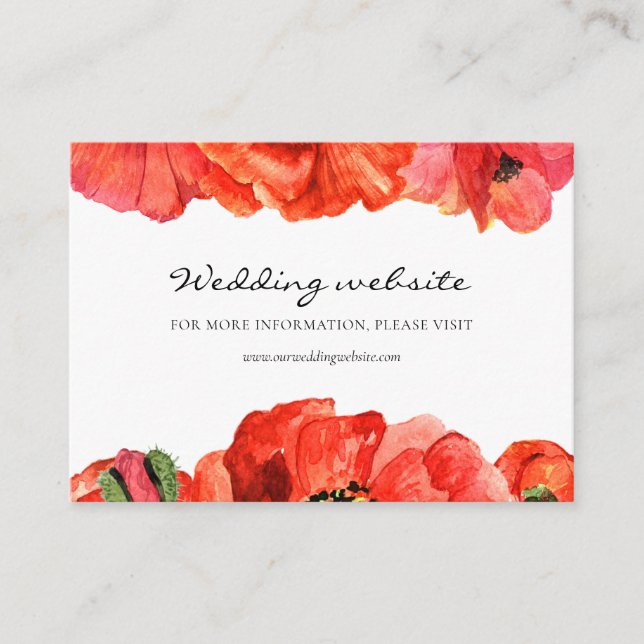 Red poppies watercolor wedding website card (Front)