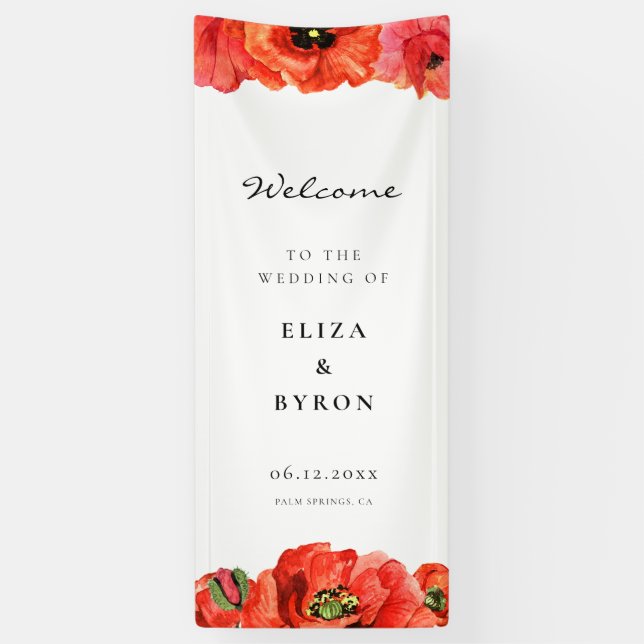 Red Poppies Watercolor Welcome to our Wedding Banner (Vertical)