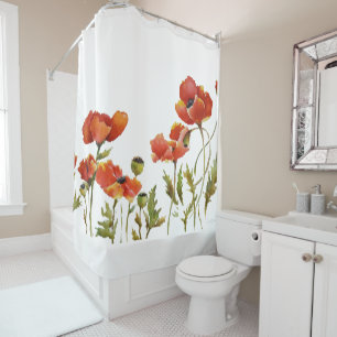 Red Poppies waving in the breeze watercolor Shower Curtain