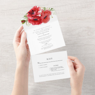 Red Poppies White Two Venue Wedding All In One Invitation