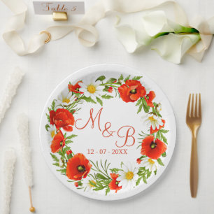 Red Poppies White Yellow Daisies Flower Wreath Paper Plate