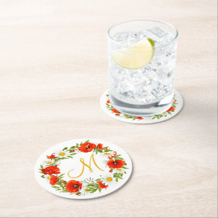 Red Poppies White Yellow Daisies Flower Wreath Round Paper Coaster