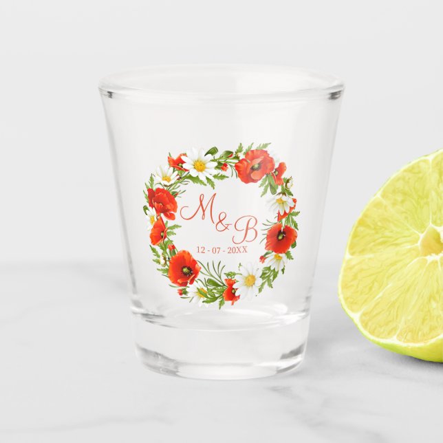 Red Poppies White Yellow Daisies Flower Wreath Shot Glass (Front)
