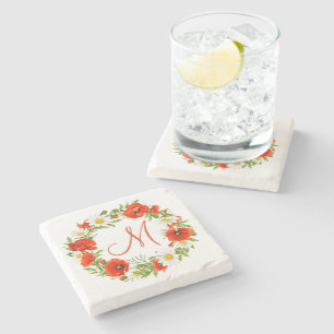 Red Poppies White Yellow Daisies Flower Wreath Stone Coaster