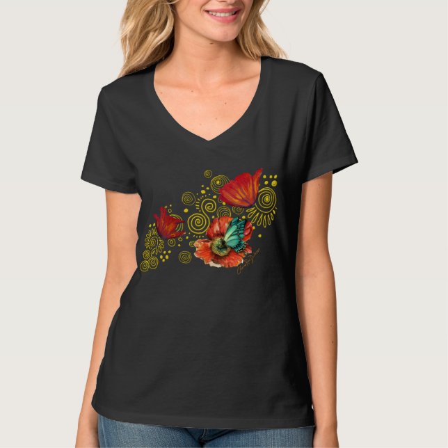 Red Poppies with Blue Butterfly T-Shirt (Front)