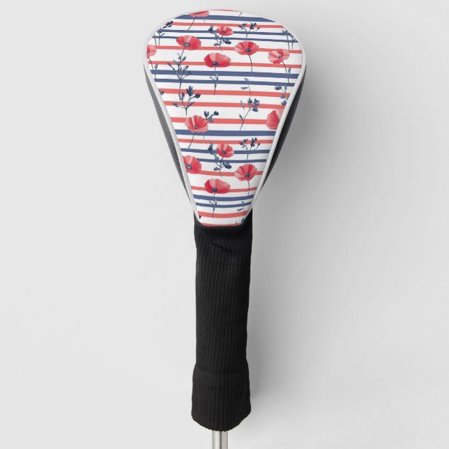 Red Poppies with Blue Leaves and Striped Pattern 2 Golf Head Cover (Front)