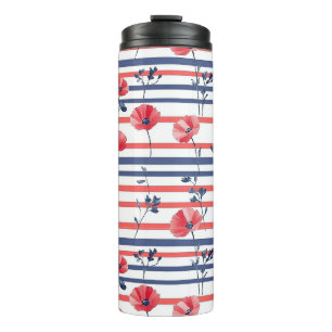 Red Poppies with Blue Leaves and Striped Pattern 2 Thermal Tumbler