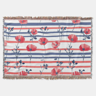 Red Poppies with Blue Leaves and Striped Pattern 2 Throw Blanket