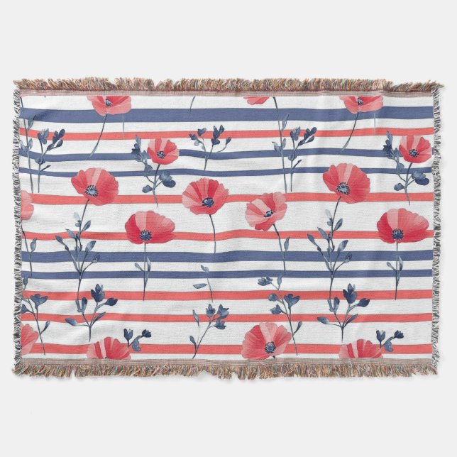 Red Poppies with Blue Leaves and Striped Pattern 2 Throw Blanket (Front)