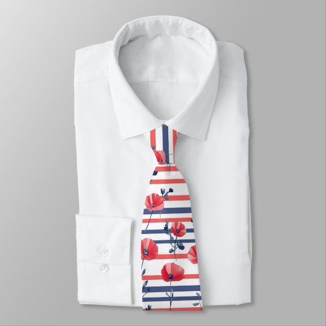 Red Poppies with Blue Leaves and Striped Pattern 2 Tie (Tied)