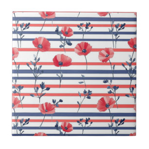 Red Poppies with Blue Leaves and Striped Pattern 2 Tile