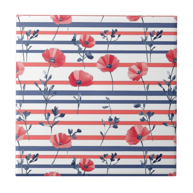 Red Poppies with Blue Leaves and Striped Pattern 2 Tile (Front)