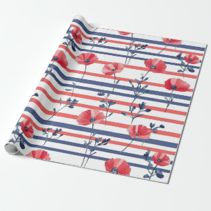Red Poppies with Blue Leaves and Striped Pattern 2 Wrapping Paper